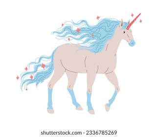 Vector illustration of white horse unicorn with shining blue horn, tail and mane. Hand drawn fantastic horses unicorn isolated on white background. Cartoon fairy tale character