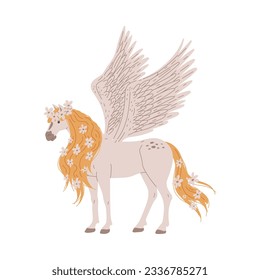 Vector illustration of white horse with wings, flowers on orange mane and tail. Mythological creature Pegasus. Hand drawn fantastic horse isolated on white background. Cartoon fairy tale character.