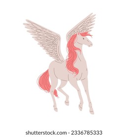 Vector illustration of white horse with wings. Mythological creature Pegasus. Hand drawn fantastic horse isolated on white background. Cartoon freedom symbol fairy tale character.