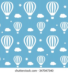 Vector illustration with white hot air balloons on the blue sky. Seamless pattern, background, vector seamless texture can be used for wallpaper, pattern fills, web page,background,surface. 