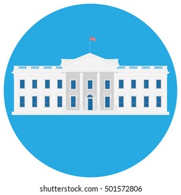 Vector illustration white house building in Washington round icon. USA. United States of America.