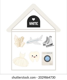 Ilustración vectorial de una Casa Blanca. Aprendiendo colores para los niños. Una imagen de objetos blancos - un avión, un vestido, una lavadora, un cristal, patines, un diente.

