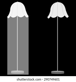 Vector illustration of white illuminated floor lamp on black background. Lamp light. Standing lamp