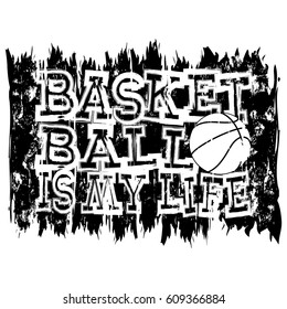 Vector illustration white inscription basketball is my life on grunge background with basketball ball