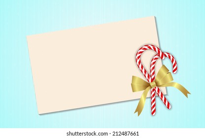Vector Illustration : White invitation Card with Candy Cane and Golden Bow. EPS 10.  Easy to edit. Perfect for invitations or announcements.