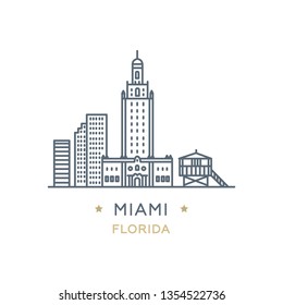 Vector illustration, white isolated. Line icon of famous and largest city of USA. City Miami, state of Florida. Outline icon for web, mobile and infographics. Landmarks and famous building