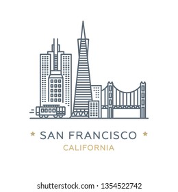 Vector illustration, white isolated. Line icon of famous and largest city of USA. City San Francisco, state of California. Outline icon for web, mobile and infographics. Landmarks and famous building