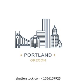 Vector illustration, white isolated. Line icon of famous and largest city of USA. City Portland, state of Oregon. Outline icon for web, mobile and infographics. Landmarks and famous building