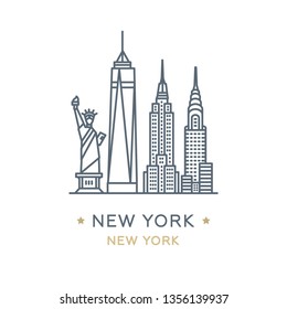 Vector Illustration, White Isolated. Line Icon Of Famous And Largest City Of USA. City New York, State Of New York. Outline Icon For Web, Mobile And Infographics. Landmarks And Famous Building