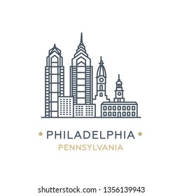 Vector illustration, white isolated. Line icon of famous and largest city of USA. Philadelphia, state of Pennsylvania. Outline icon for web, mobile and infographics. Landmarks and famous building