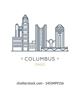 Vector Illustration, White Isolated. Line Icon Of Famous And Largest City Of USA. City Columbus, State Of ‎Ohio. Outline Icon For Web, Mobile And Infographics. Landmarks And Famous Building