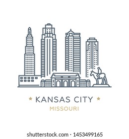 Vector illustration, white isolated. Line icon of famous and largest city of USA. City Kansas city, state of ‎Missouri. Outline icon for web, mobile and infographics. Landmarks and famous building