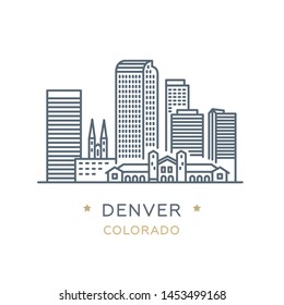 Vector Illustration, White Isolated. Line Icon Of Famous And Largest City Of USA. City Denver, State Of ‎Colorado. Outline Icon For Web, Mobile And Infographics. Landmarks And Famous Building