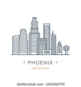 Vector illustration, white isolated. Line icon of famous and largest city of USA. City Phoenix, state of ‎Arizona. Outline icon for web, mobile and infographics. Landmarks and famous building