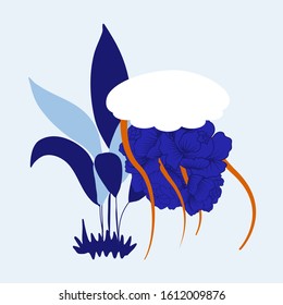 vector illustration with white jellyfish and blue maritime leaves, perfect to use on the web or in print