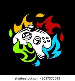 Vector Illustration of White Joystick with Colorful Flame. Line Art Flat Style Design of Gamepad on Black Background