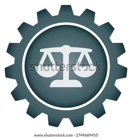 Vector illustration of a white judicial scales icon inside a dark teal mechanical gear on a black background representing legal systems law enforcement justice administration regulatory compliance and judicial technology