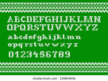 vector illustration of a white knitting alphabet on green background