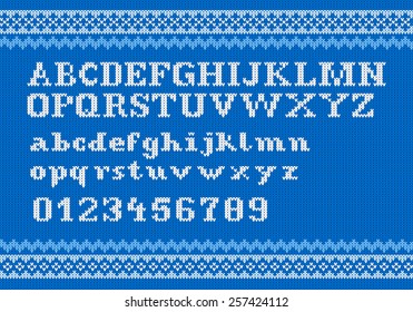 vector illustration of a white knitting alphabet on blue background