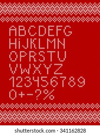 vector illustration of a white knitting alphabet on red background