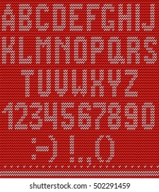 vector illustration of a white knitting alphabet on red background