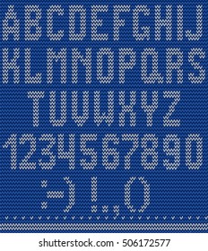vector illustration of a white knitting alphabet on red background.
