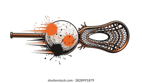 Vector illustration of a white lacrosse ball and lacrosse stick head with orange and black ink splatters and motion trails isolated on a white background.