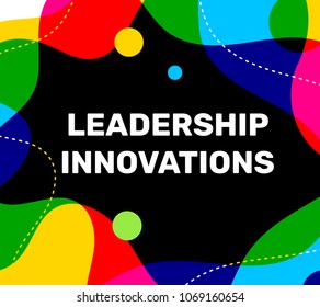 Vector illustration of white leadership innovations business word lettering typography on multicolor shape background. Creative text concept. Flat style design for web, banner, business presentation