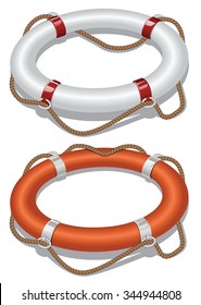 Vector illustration. White lifebuoy with red and white stripes and rope