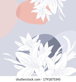 Vector illustration with white lilies. Square pattern for your text. Invitation to the holiday. Beautiful draw of tiger lilly on blue background