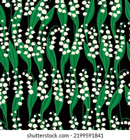 Vector illustration. White lily of the valley bunch of flowers on black background seamless repeat pattern. Best for wallpaper, bedding and home decor.