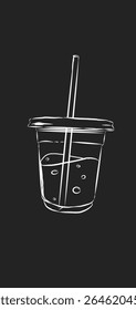 Vector illustration of white line and black background simple plastic drink cup with straw
