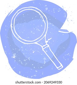 Vector illustration in white lines of a magnifying glass. White contour on blue spot watercolor background. Icon, logo, a bundle of bottles in different forms