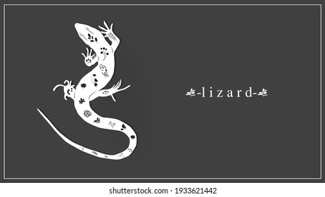 Ilustración vectorial de un lagarto blanco con flores y plantas. EPS 10.