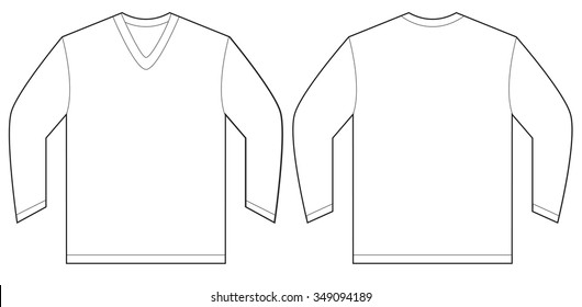 Vector illustration of white long sleeved v-neck shirt, isolated front and back design template for men