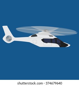 Vector illustration white, luxury, realistic helicopter flying in the blue sky