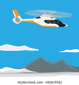 Vector illustration white, luxury, realistic helicopter flying in the blue sky with mountain landscape
