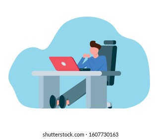 Vector illustration of a white male person sitting by the desk with a laptop thinking