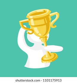 Vector illustration of white man holding up winning trophy. Flat style illustration