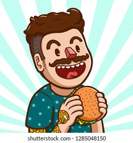 Vector illustration of a white man preparing to eat hamburger