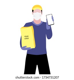 Ilustración vectorial de un hombre blanco con máscara médica protectora y una tapa está entregando el paquete de papel y mostrando el smartphone. Entrega segura en línea al concepto de puerta. Pedido de compra en línea
