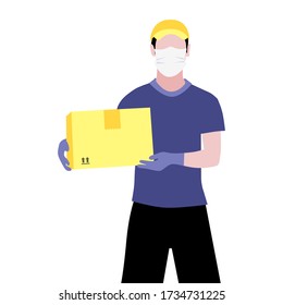 Vector illustration of white man in protective medical mask and gloves is delivering the parcel or box.  Safe contactless delivery to the door by courier concept. Online shopping order