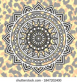 Vector Illustration Of A White Mandala On Animal Print Background. Buddhist Design For Meditation.