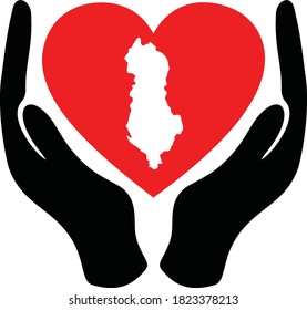 vector illustration of White Map of Albania in red heart shape between hands on white background