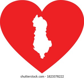 vector illustration of White Map of Albania in red hart shape on white background