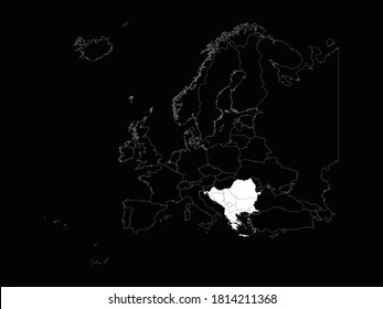 vector illustration of White map of Balkan countries on Europe map on black background