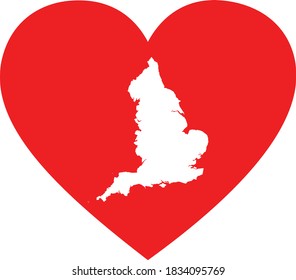 vector illustration of White map of England in red heart shape on white background