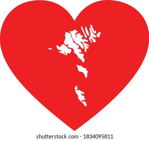 vector illustration of White map of Faeroe Island in red heart shape on white background