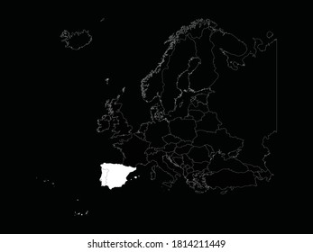 ilustración vectorial del mapa blanco de los países de la península ibérica en Europa sobre fondo negro