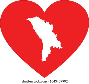 vector illustration of White map of Moldova in red heart shape on white background